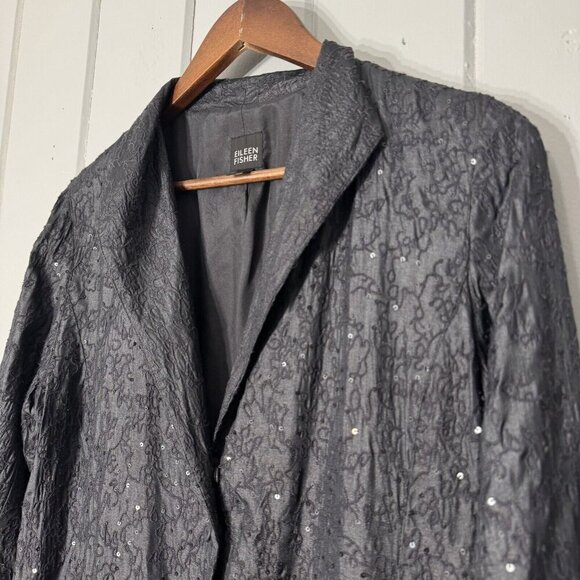 Eileen Fisher Women’s Jacket Black Sequin 100% Silk Jacket Snap Closure Small - Picture 2 of 15